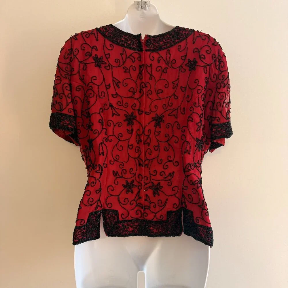 Vintage Stenay Red Silk Beaded Top | L | Holiday Party & Cocktail Blouse - Picture 4 of 13